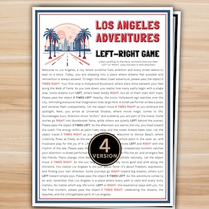 Puede incluir: Un papel impreso con un borde rojo y azul, con el título "Los Angeles Adventures Left-Right Game". El diseño incluye palmeras, una carretera y el letrero de Hollywood. El texto describe un juego con instrucciones.