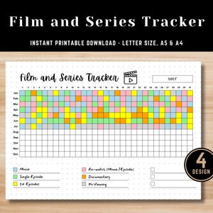 Puede incluir: Un rastreador de películas y series imprimible con una cuadrícula de calendario para 2025. La cuadrícula está codificada por colores para películas, episodios únicos, múltiples episodios, re-visionados, documentales y sin visionado. El rastreador tiene un título "Film and Series Tracker" y un subtítulo "Descarga imprimible instantánea - Tamaño carta, A5 y A4".