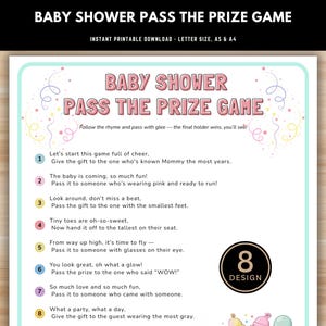 Juego para baby shower "Pasa el premio" | Poema que pasa el regalo | Rima para pasar el regalo | Juego de izquierda a derecha | Tarjetas de baby shower | Descarga instantánea de PDF