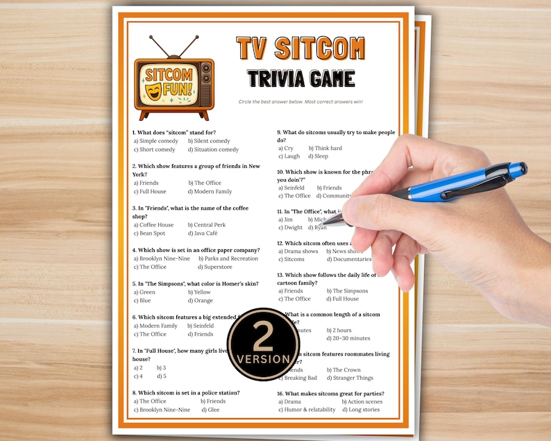 TV Sitcom Trivia Game Printable - Television Trivia Quiz, Movie Night ...