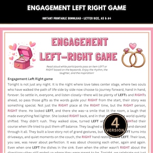 May include: Printable engagement party game with the text "Engagement Left Right Game". The design includes illustrations of a ring box, wedding rings, and hearts. The game is available for instant download in letter size and A5 & A4 formats.