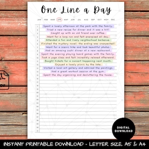 Una línea al día - Página de diario IMPRIMIBLE, Rastreador diario de gratitud, Memoria - Lo más destacado de la página del planificador del día, Regalo perfecto, A4, A5, Carta