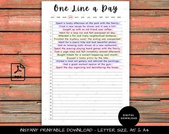 One Line A Day - PRINTABLE Journal Page, Daily Gratitude Tracker, Memory - Highlight of the Day Planner Page, Perfect Gift, A4, A5, Letter