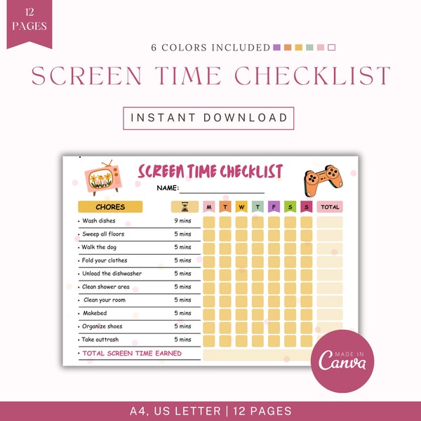 Editable Screen Time Chore Chart Printable, Screen Time Chart Checklist, Screen Time Tracker, Daily Checklist, Screen Time Rules, pdf