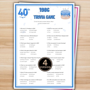 Juego de trivia de 1986 imprimible, juego de fiesta de 40 cumpleaños para nacidos en 1986, cuestionario de datos divertidos retro de los 80 en PDF