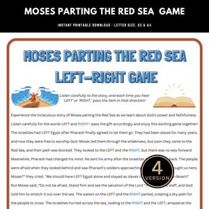 Peut inclure: Un jeu imprimable pour enfants sur l'histoire de Moïse qui sépare la mer Rouge. Le jeu présente une illustration colorée de Moïse séparant la mer et une boîte de texte avec des instructions pour jouer au jeu. Le texte comprend les mots "GAUCHE" et "DROITE" et l'expression "4 Version".