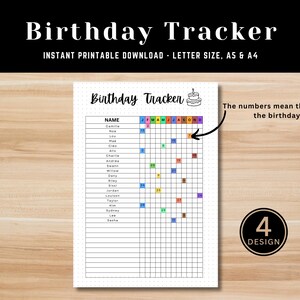 Peut inclure: Un planificateur d'anniversaire imprimable avec une grille pour chaque mois de l'année. La grille est remplie de nombres représentant les jours du mois. Les nombres sont codés par couleur pour représenter les différents mois. Le texte "Birthday Tracker" est en haut de la page. Le texte "The numbers mean the day of the birthday." est en haut à droite de la page. Le texte "4 DESIGN" est en bas à droite de la page.