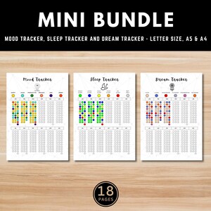 Peut inclure: Un mini-ensemble de trackers imprimables d'humeur, de sommeil et de rêves. Chaque tracker comprend une grille pour les entrées quotidiennes, avec des sections à code couleur pour les différentes humeurs et la qualité du sommeil. Le texte sur l'image indique "MINI BUNDLE".