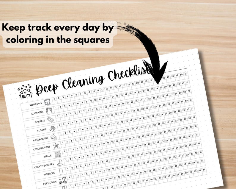 Cleaning tracker template with sections for windows, carpets, floors, and more.