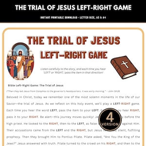 Può includere: Gioco stampabile intitolato "Il processo di Gesù Gioco Sinistra-Destra". Il design presenta un'illustrazione di Gesù, un libro marrone con una croce e il testo "GIOCO SINISTRA-DESTRA". Disponibile per il download immediato in formato lettera e A5 e A4.