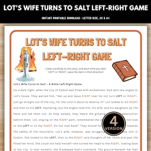 以下が含まれることがあります： 子供向けの聖書をテーマにした印刷可能なゲーム。ゲームの名前は「Lot's Wife Turns to Salt Left-Right Game」。ゲームには、ロトの妻が塩の柱に変身するカラフルなイラストが描かれています。ゲームの指示は、茶色の枠で囲まれた白い背景に印刷されています。