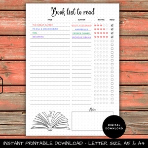 Könnte beinhalten: Eine druckbare Bücherliste zum Lesen, mit Abschnitten für Titel, Autor, Bewertung und Gelesen. Die Liste enthält Titel wie "The Great Gatsby" und "To Kill a Mockingbird". Das Design enthält ein PDF-Symbol und das Wort "Digitaler Download".