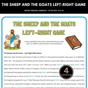 May include: Printable game titled "The Sheep and the Goats Left-Right Game." The image features illustrations of Jesus with sheep and goats, a Bible, and text instructions. The game is designed for instant download.