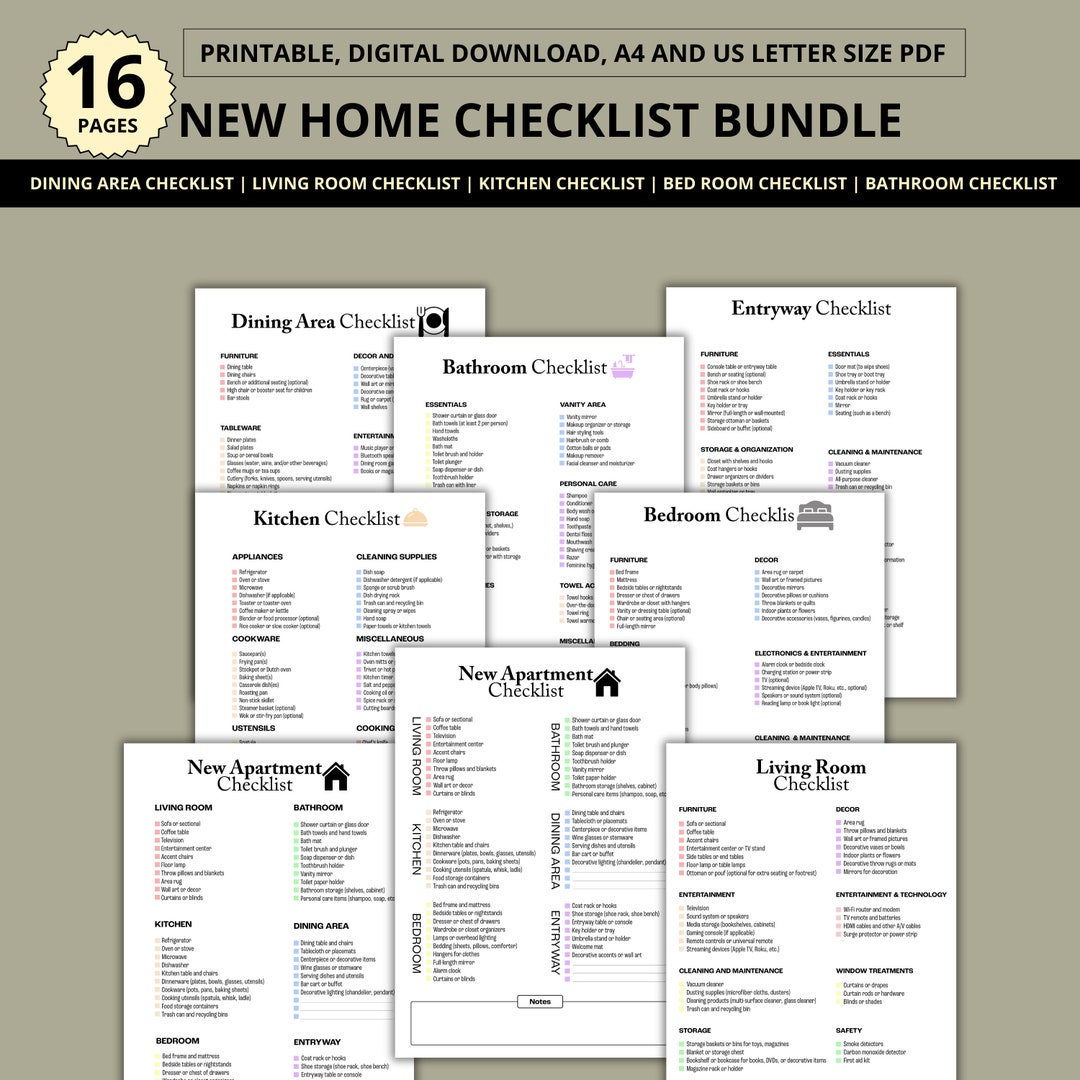 New Home Checklist Bundle, Printable New Apartment Checklist, First Home Checklist, First ...