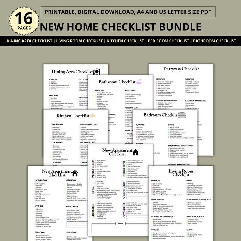 New Home Checklist Bundle, Printable New Apartment Checklist, First Home Checklist, First ...