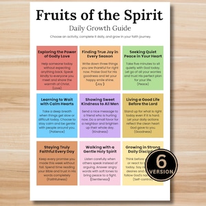 Peut inclure: Un guide papier blanc intitulé Fruits of the Spirit Daily Growth Guide présentant une grille de neuf cases colorées. Chaque case contient une activité quotidienne et un thème, dont l'amour, la joie, la paix, la patience, la bonté, la fidélité, la douceur et la maîtrise de soi. Un badge circulaire noir avec le chiffre 6 est visible.