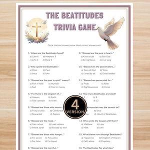 Utskrivbart spel om saligprisningarnas bibel – Kristet bibelquiz med svar, bergspredikanstudie, familjekyrkospel i PDF-format