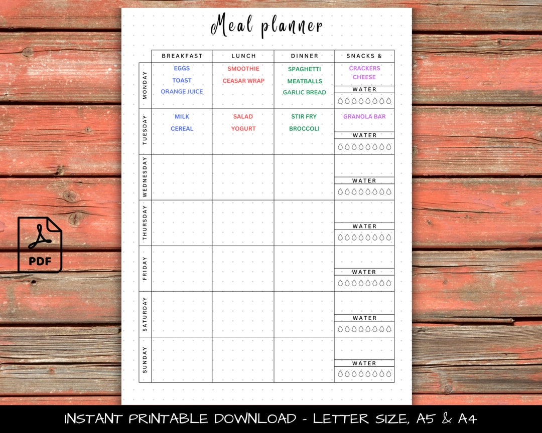 Digital Planner - A5 Meal Planner Journal Page - Printable Weekly Food ...