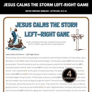 Könnte beinhalten: Ein druckbares Spiel für Kinder, das auf der biblischen Geschichte von Jesus, der den Sturm beruhigt, basiert. Das Spiel zeigt eine farbenfrohe Illustration von Jesus in einem Boot mit seinen Jüngern. Der Text weist die Spieler an, einen Gegenstand nach links oder rechts zu geben, wenn sie diese Wörter in der Geschichte hören. Das Spiel ist für 4 Spieler konzipiert.