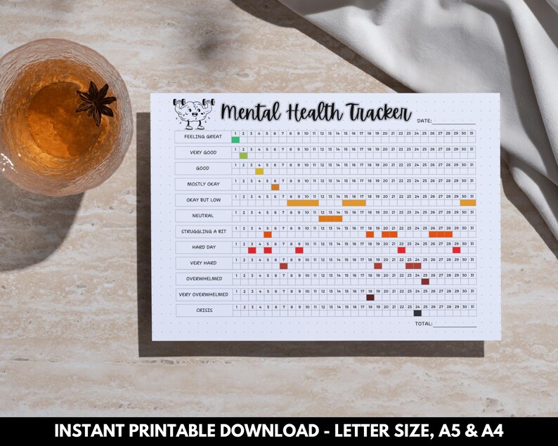 Printable therapy journal mood tracking sheet.
Wellness tracker printable for mental health awareness