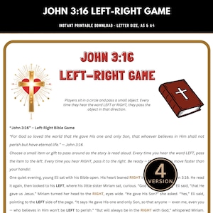 May include: A printable John 3:16 Left-Right Game. The design features a gold cross with a red heart, a brown book with a white cross, and the text "John 3:16 Left-Right Game". The game is an instant printable download.