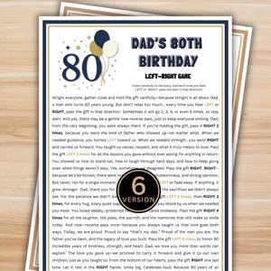 May include: A printed game for Dad's 80th birthday, featuring a navy blue border and text. The design includes the number 80 with balloons in gold, navy, and white. The game instructions are printed below.