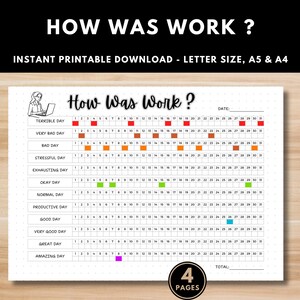How Was Work Tracker Printable – Monthly Work Mood Tracker, Feelings & Productivity Log, Minimalist Planner Page, A4 A5 Letter Landscape