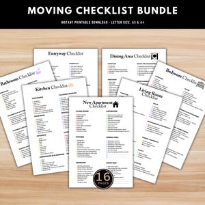 以下が含まれることがあります： 16ページの印刷可能な引っ越しチェックリストバンドル。チェックリストには、バスルーム、キッチン、ダイニングエリア、リビングルーム、ベッドルーム、エントランスのカテゴリが含まれています。このチェックリストは、人々が持ち物を整理し、引っ越しに備えるのに役立つように設計されています。