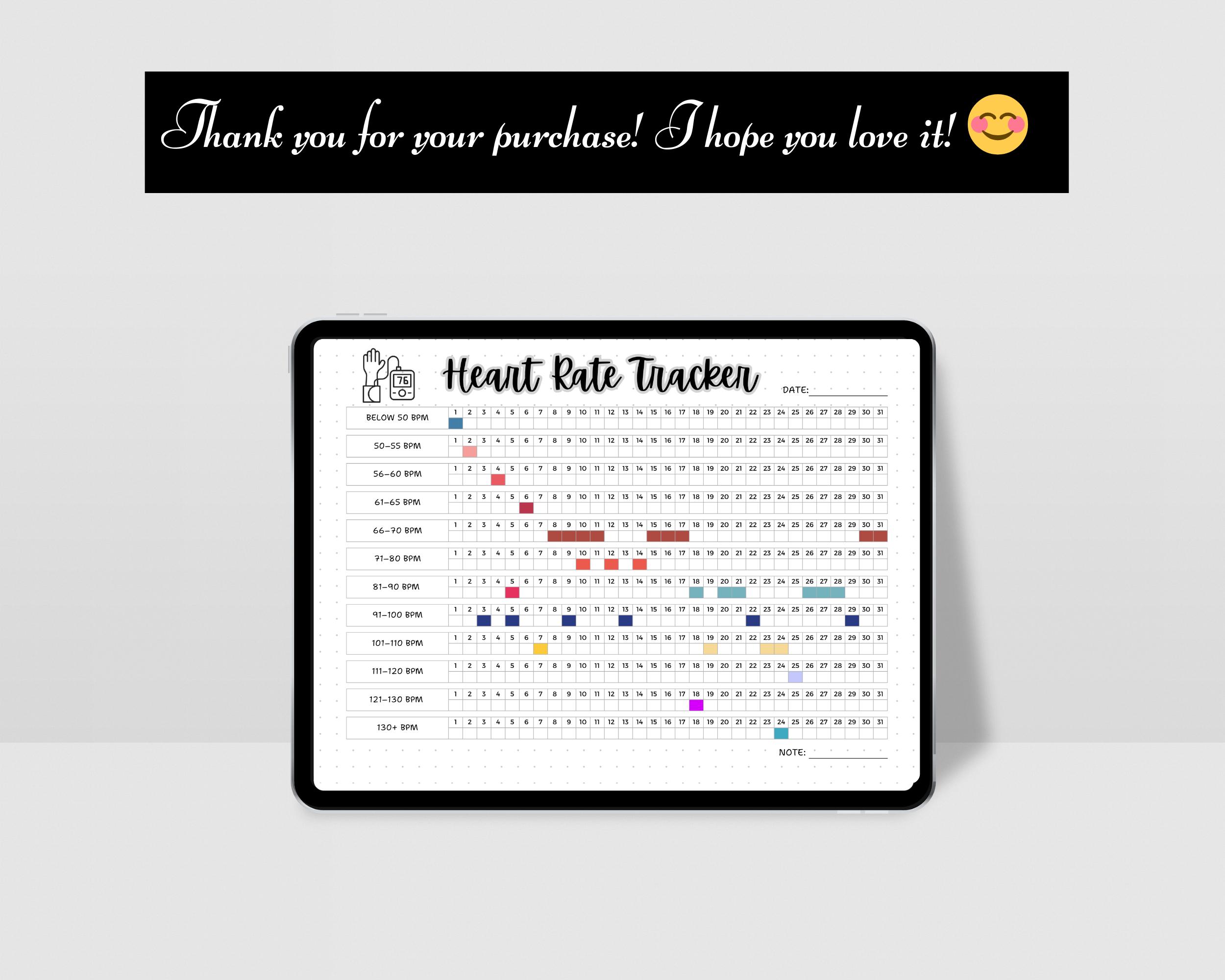 Heart Rate Tracker Printable | Monthly Heart Rate Log | Fitness and ...