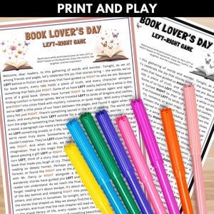 Printable Left Right Game – book club edition, perfect for Book Lover’s Day or reading challenge events