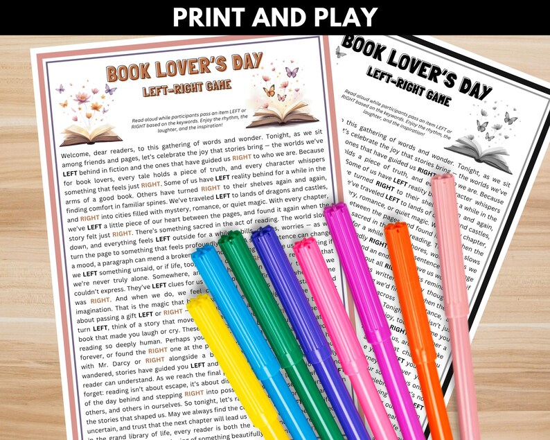 Printable Left Right Game – book club edition, perfect for Book Lover’s Day or reading challenge events