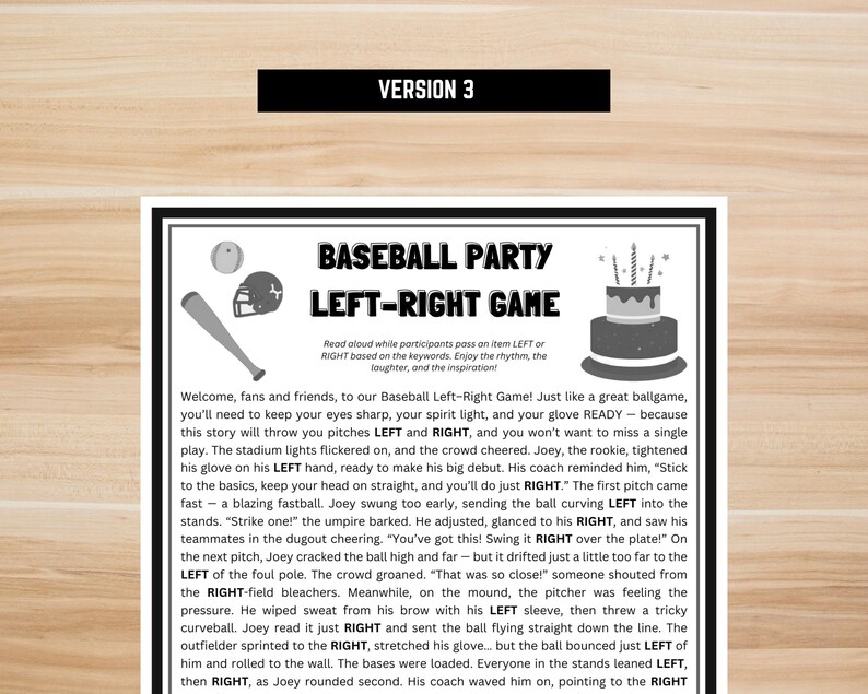 Baseball Party Left Right Game Printable – Pass the Gift Story, Instant ...