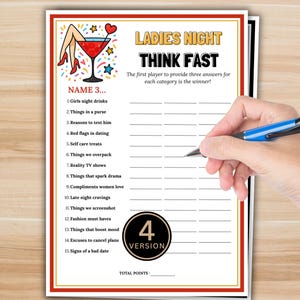 Könnte beinhalten: Ein Ladies Night Think Fast Spielblatt mit rotem und goldenem Rand. Das Spiel enthält Kategorien wie "Girls night drinks" und "Reasons to text him". Eine Hand, die einen blauen Stift hält, ist bereit, auf das Blatt zu schreiben.