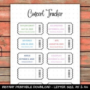 Puede incluir: Un rastreador de conciertos imprimible con un diseño de boleto en blanco y negro. El rastreador incluye espacios para escribir el artista, la fecha y la ubicación de los conciertos. El texto "Concert Tracker" está en la parte superior de la página.