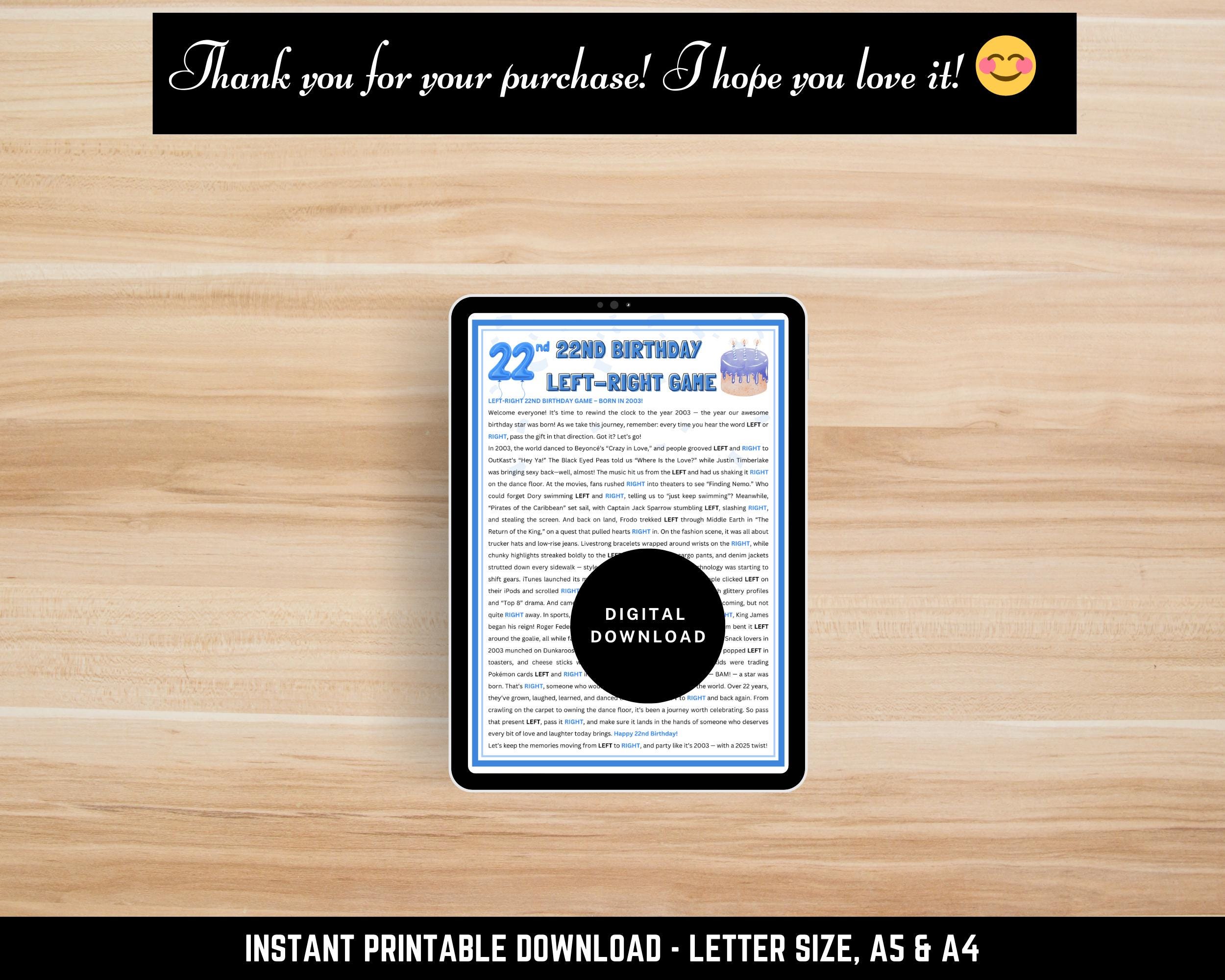 22歳の誕生日 左右ゲーム 2003年生まれ |プレゼントを渡す印刷可能なパーティーゲーム | 22歳の誕生日のアクティビティ |  PDFを即時ダウンロード