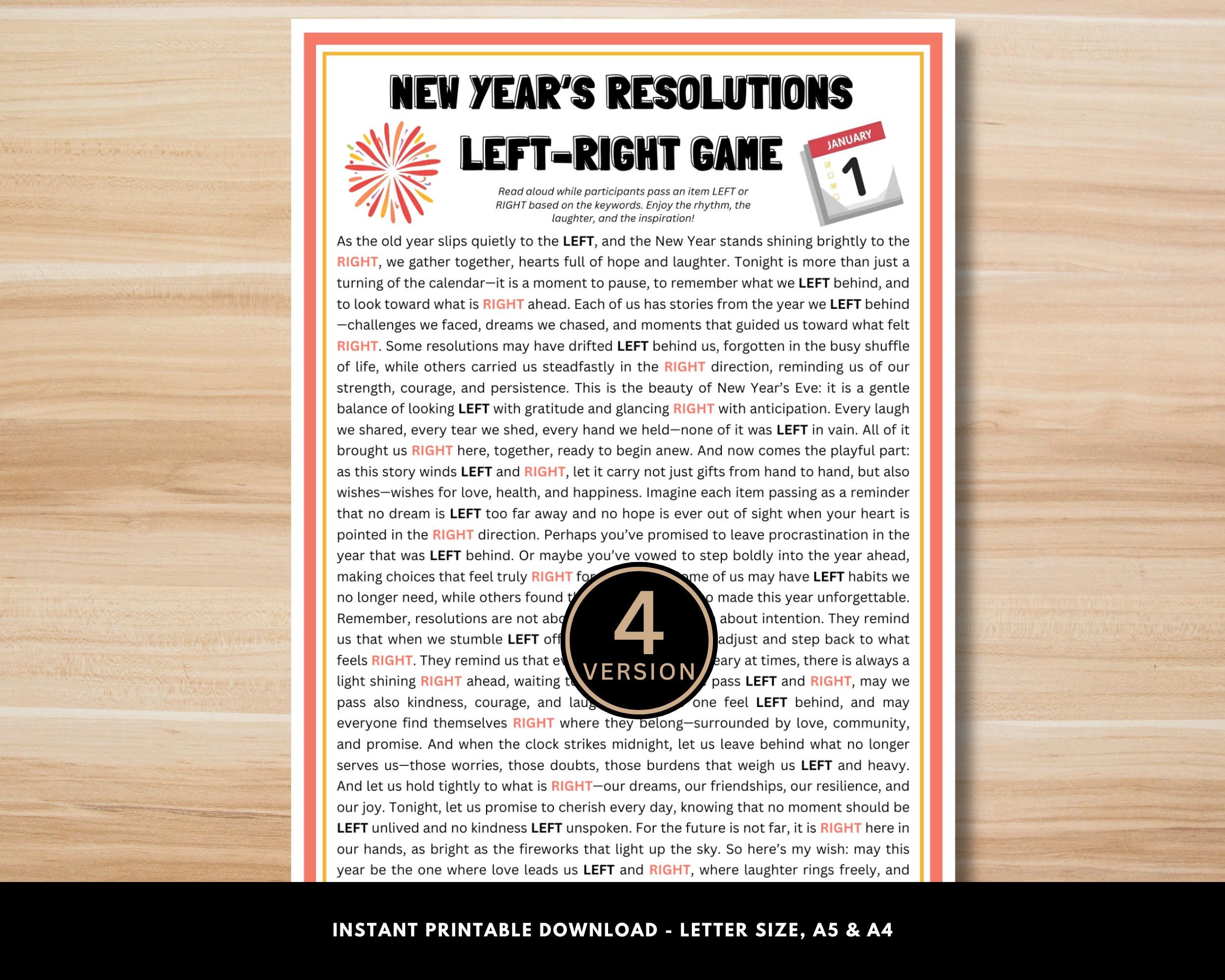 new year's resolutions left right game, printable new year party