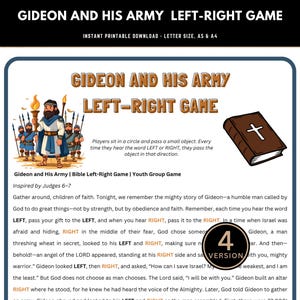 May include: Printable game titled "Gideon and His Army Left-Right Game." The design features illustrations of Gideon and his army, a brown book with a cross, and the text "Instant Printable Download." The game is designed for youth groups.