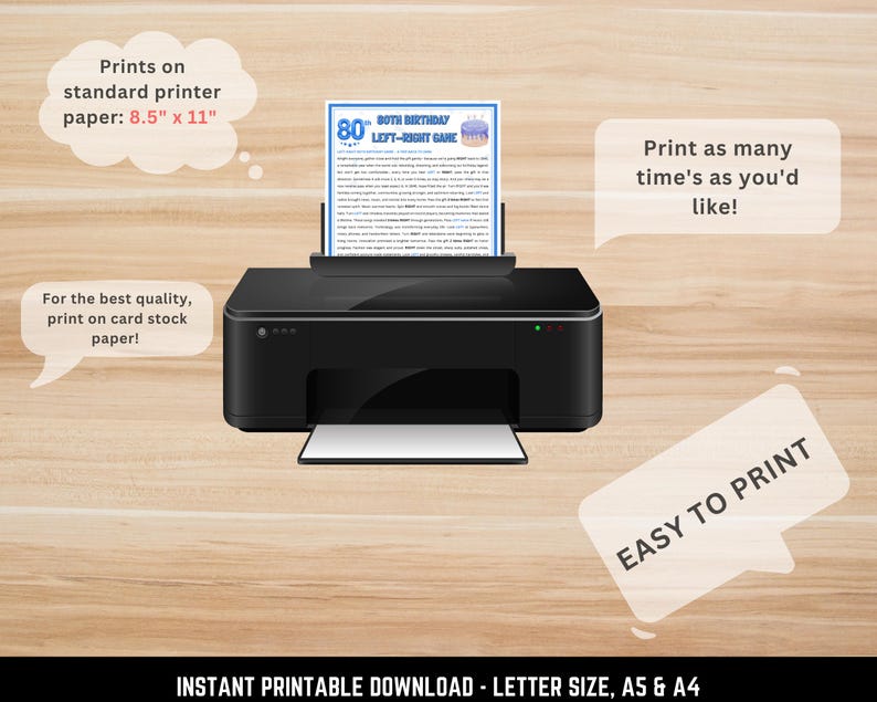 Home printer printing 80th birthday left right game on 8.5x11 paper – easy instant printable 1946 themed adult birthday party game