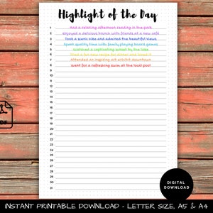 Rastreador diario de momentos destacados y gratitud, página de diario IMPRIMIBLE - Registro de memoria - Planificador de reflexión diaria - Diario de gratitud, A4, A5, Carta EE. UU.