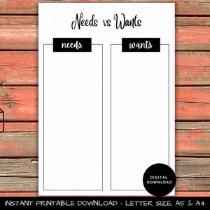 Peut inclure: Feuille de travail imprimable avec une mise en page quadrillée pour lister les besoins et les désirs. Le titre est "Needs vs Wants" avec les mots "needs" et "wants" dans des cases noires.