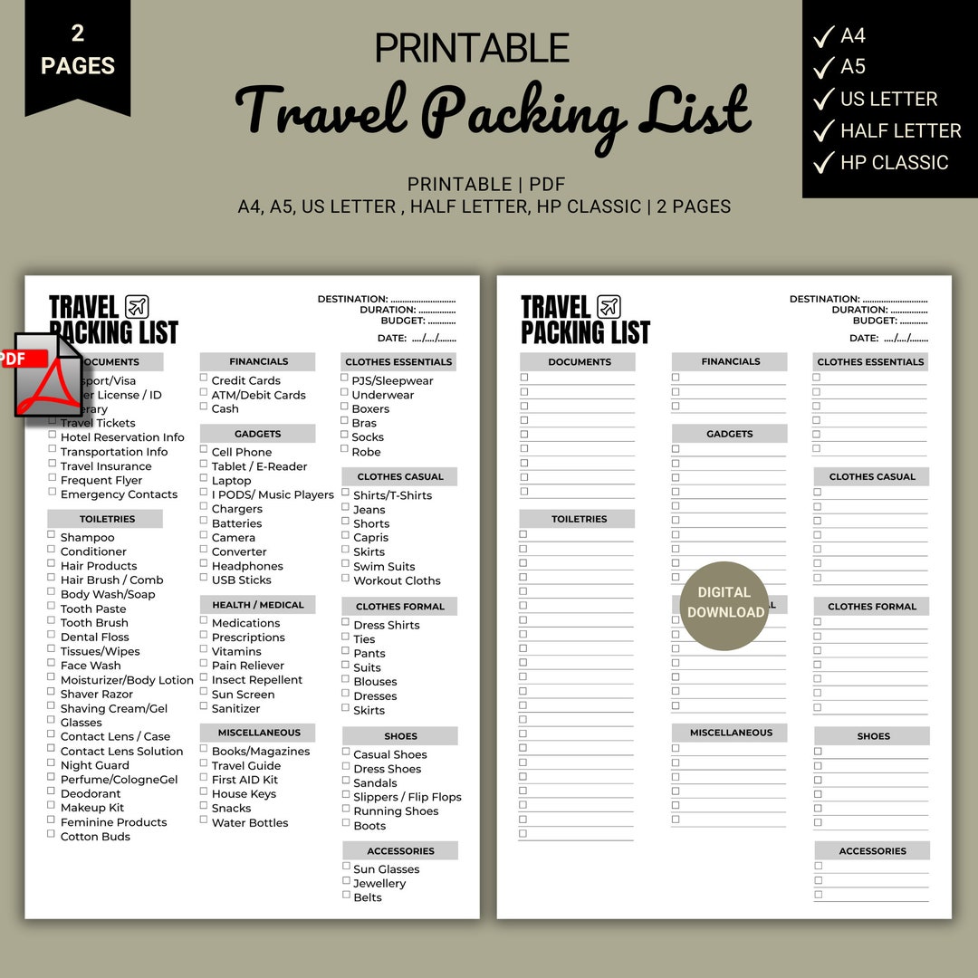 Printable Travel Packing List - Instant Download, Vacation Planner ...