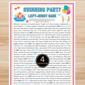 May include: A colorful swimming party game poster with the title "Swimming Party Left-Right Game." The poster includes illustrations of a pool, balloons, and a life preserver. The text describes a fun game.