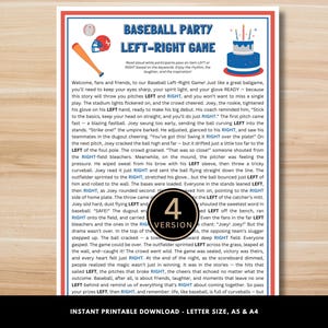 Puede incluir: Un juego de fiesta con temática de béisbol imprimible titulado "Baseball Party Left-Right Game" en azul y rojo. El diseño incluye ilustraciones de equipos de béisbol y un pastel. El texto está en inglés e incluye las palabras "Left" y "Right".