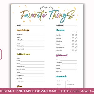 May include: Printable worksheet titled "Favorite Things" with sections for food and drinks, hobbies, entertainment, and birthday preferences.  The worksheet includes fill-in-the-blank lines and yes/no checkboxes.
