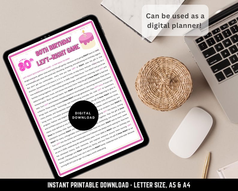 Tablet mockup of 80th birthday left right game digital download – born in 1946 milestone party entertainment, printable pass the present game