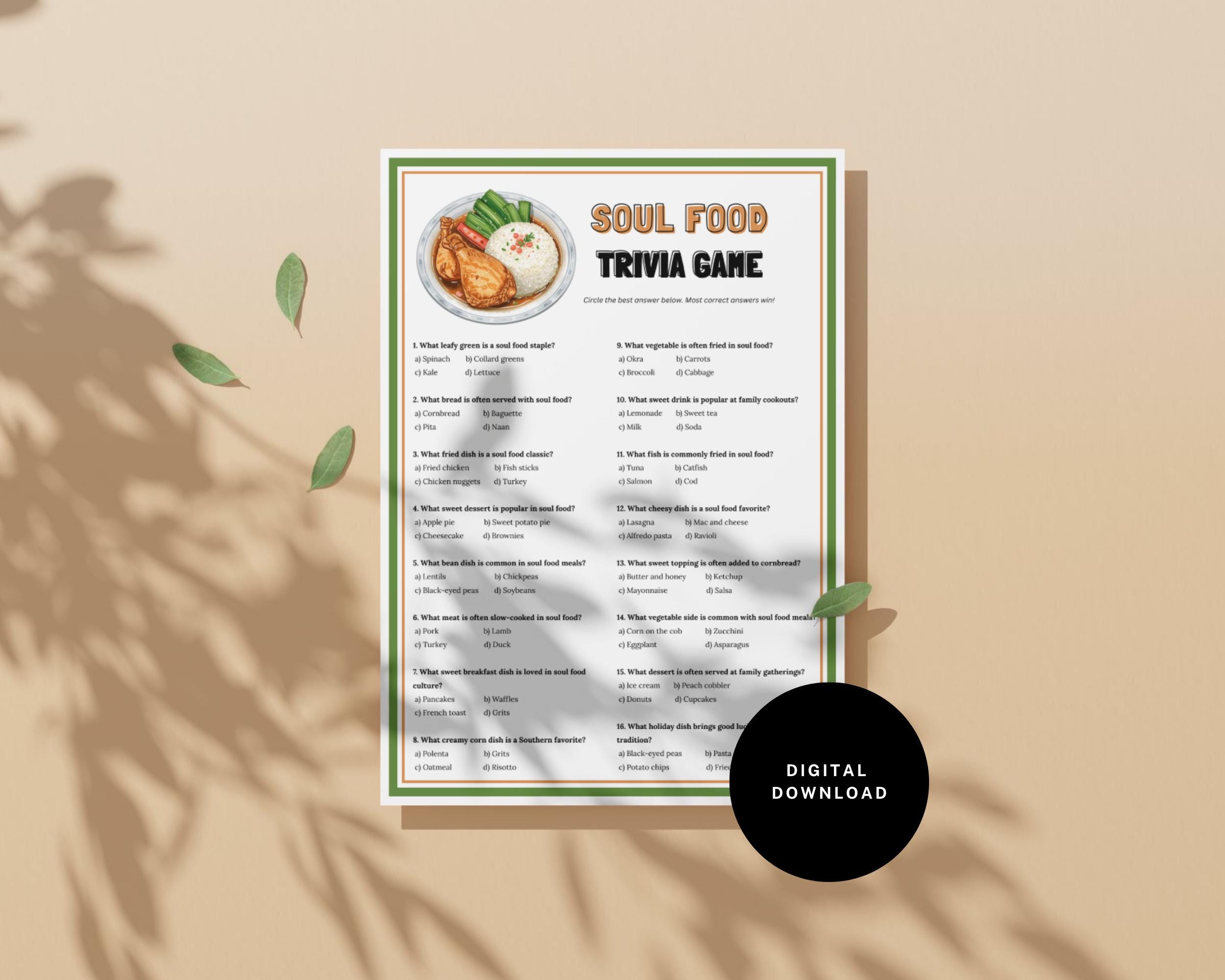 Southern Trivia Soul Food Trivia Game Printable, Black Family Reunion Game, African ...