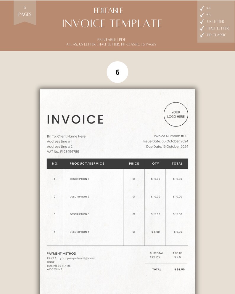 EDITABLE INVOICE TEMPLATE, Invoice Template for Small Business ...