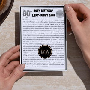 Black and white 80th birthday left right game sheet – 1946 themed printable pass the parcel game for 80 years old birthday celebration