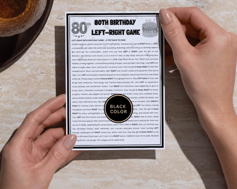 Black and white 80th birthday left right game sheet – 1946 themed printable pass the parcel game for 80 years old birthday celebration