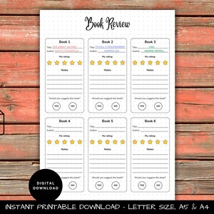 Peut inclure: Un suivi de lecture imprimable avec six sections pour enregistrer les titres des livres, les auteurs, les évaluations, les notes et si vous recommanderiez le livre. Chaque section a un espace pour une évaluation sur cinq étoiles.